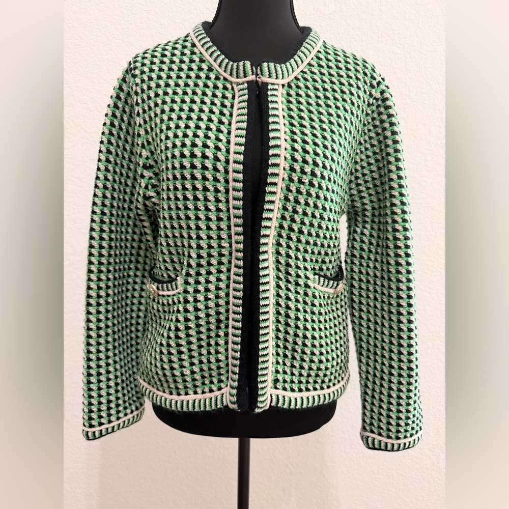 MAJE Manelanne Green Black  Knit Jacket | Parisian Chic Tweed Style Logo Buttons